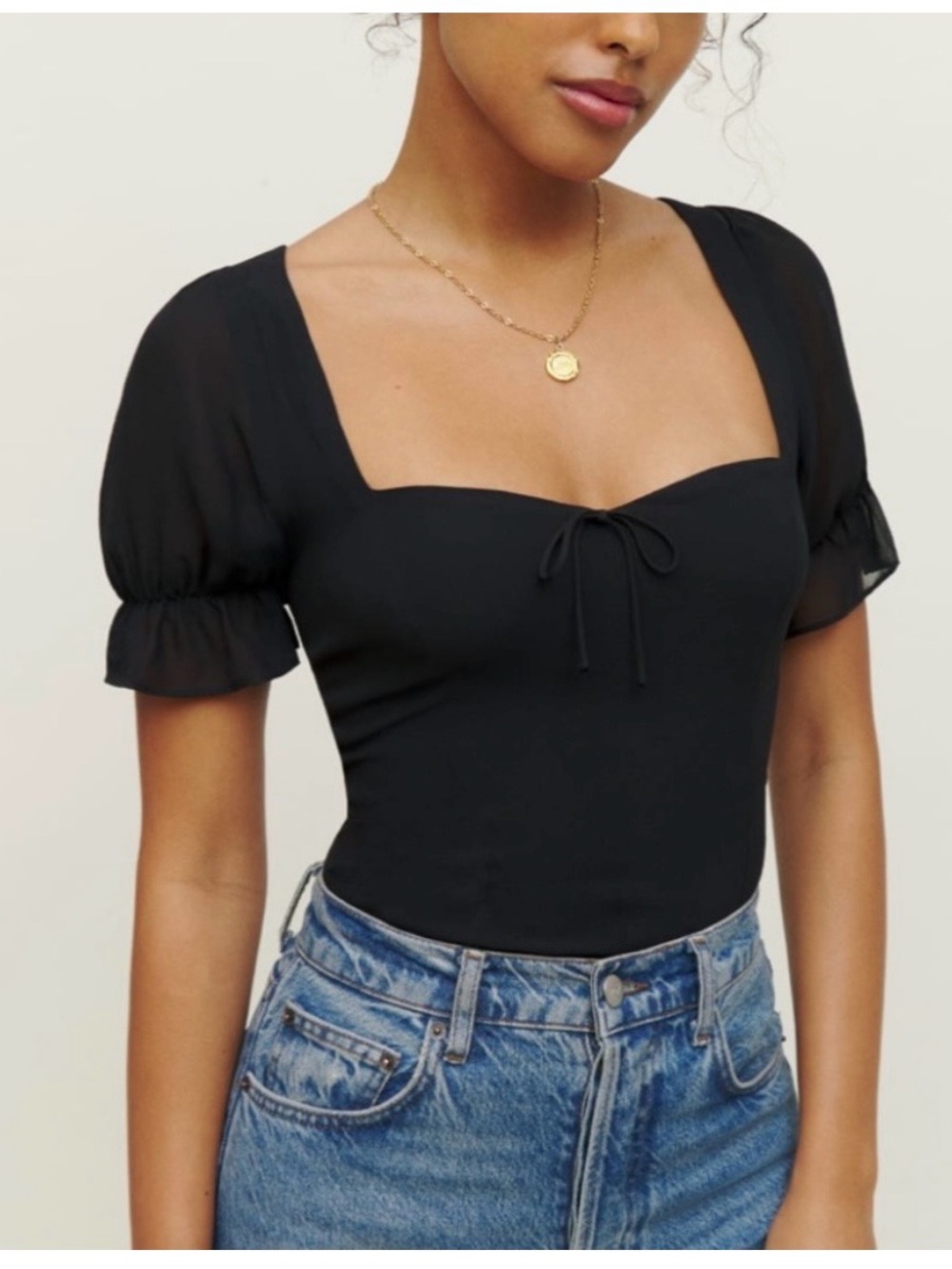 Reformation Delevan Sheer Top Black Puffy Sleeves Smocked Back Blouse Sz 4